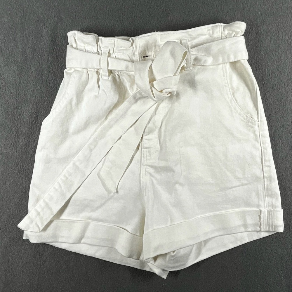 H&M Women Paperbag Shorts White Cotton Stretch 2 High Waisted Belted‎ Coastal